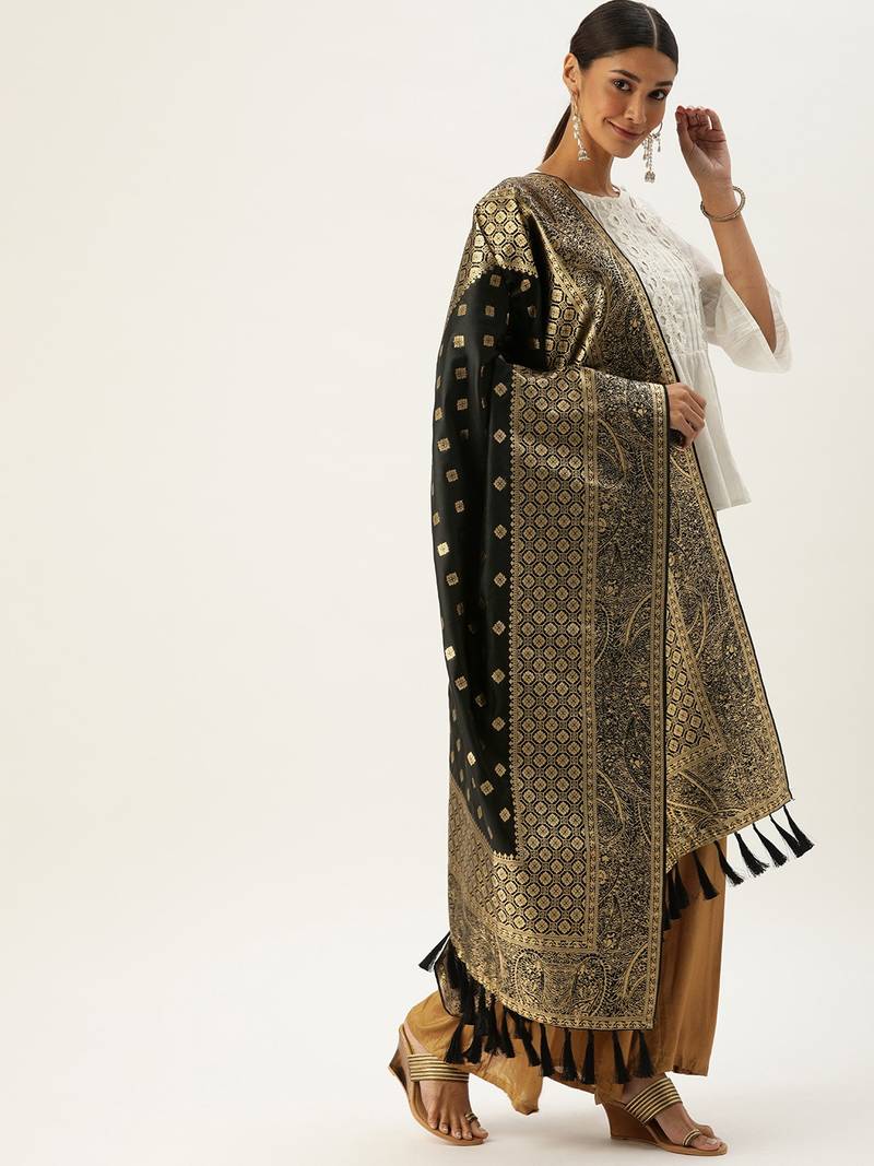 VASTRANAND Black & Gold-Coloured Woven Design Dupatta