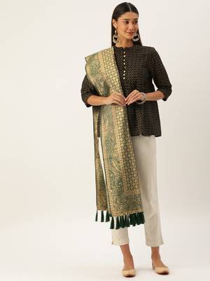 VASTRANAND Green & Gold-Coloured Woven Design Dupatta 2