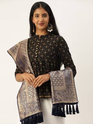 VASTRANAND Navy Blue & Gold-Coloured Woven Design Dupatta 1