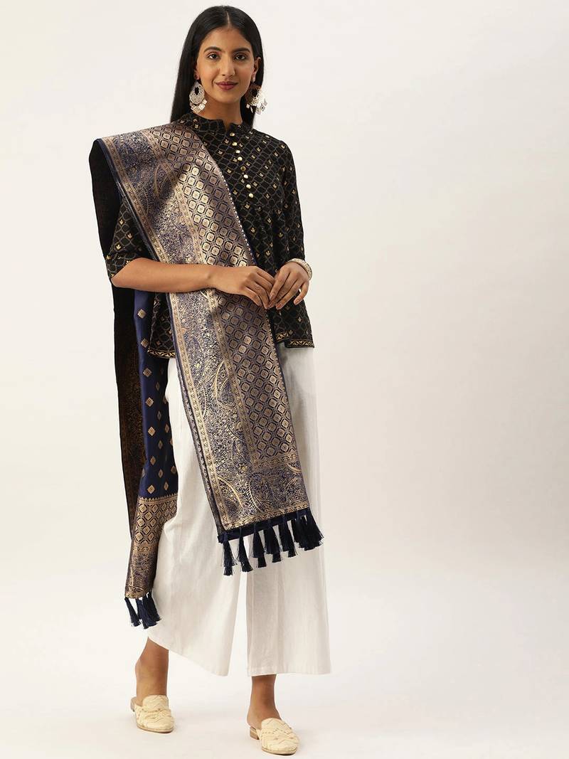 VASTRANAND Navy Blue & Gold-Coloured Woven Design Dupatta