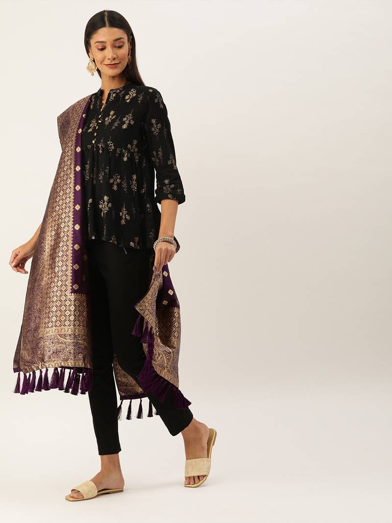 VASTRANAND Purple & Golden Woven Design Dupatta