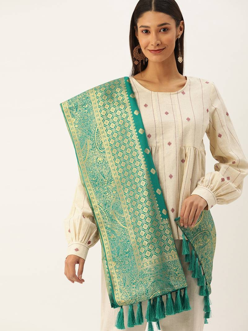 VASTRANAND Teal & Gold-Toned Woven Design Dupatta