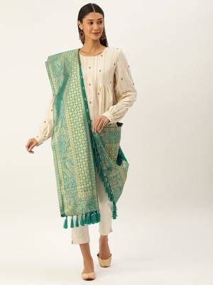VASTRANAND Teal & Gold-Toned Woven Design Dupatta 2