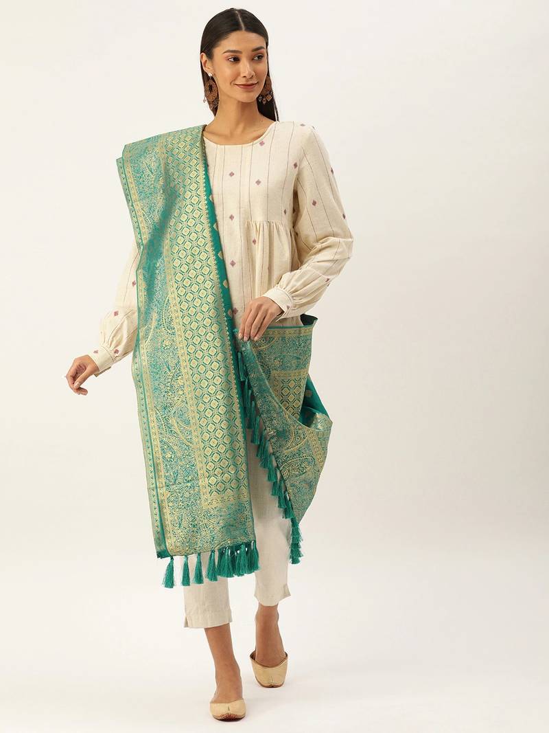 VASTRANAND Teal & Gold-Toned Woven Design Dupatta