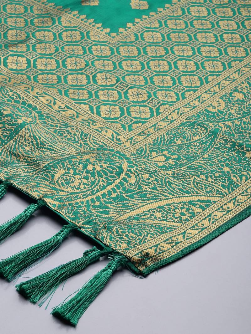 VASTRANAND Teal & Gold-Toned Woven Design Dupatta