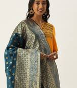 VASTRANAND Teal Blue & Gold-Toned Woven Design Dupatta
