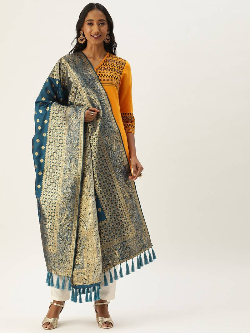 VASTRANAND Teal Blue & Gold-Toned Woven Design Dupatta