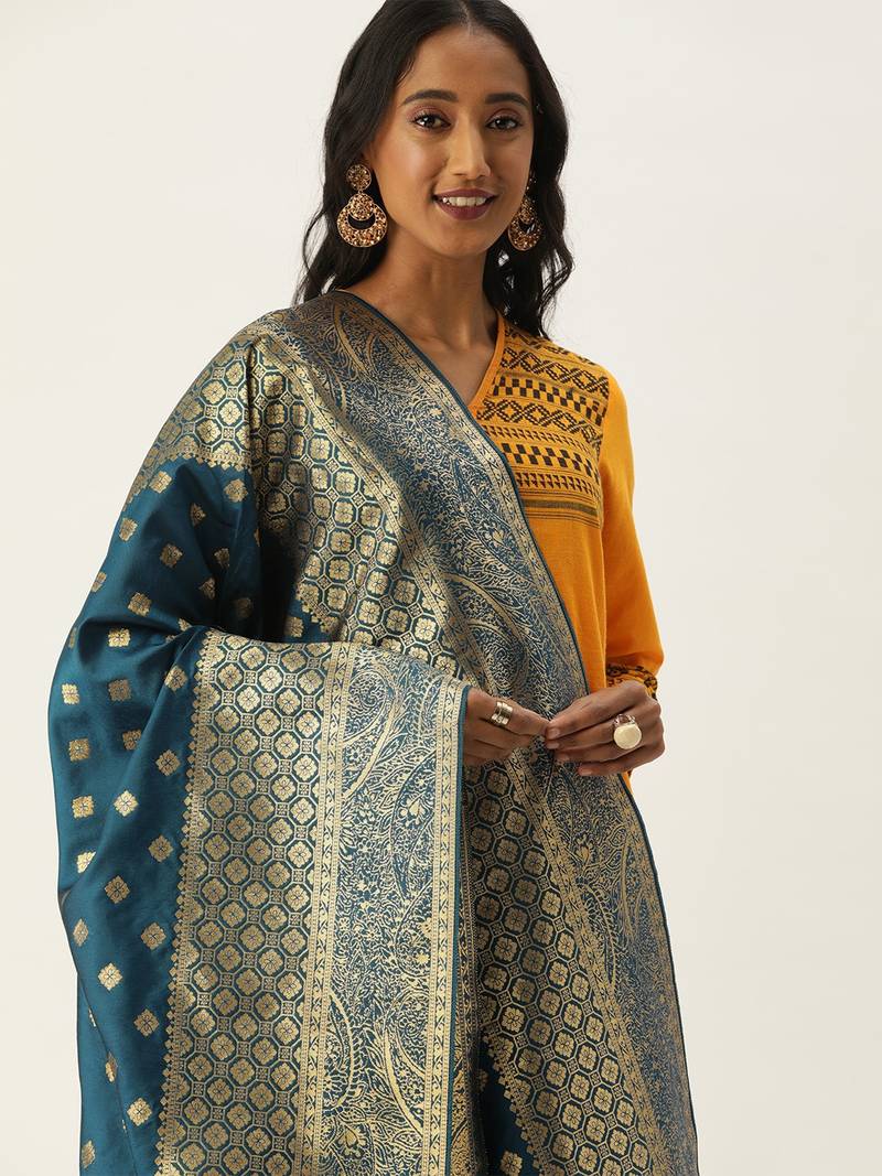 VASTRANAND Teal Blue & Gold-Toned Woven Design Dupatta
