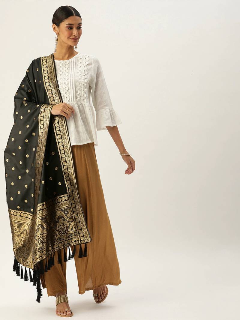 VASTRANAND Black & Gold-Coloured Woven Design Dupatta