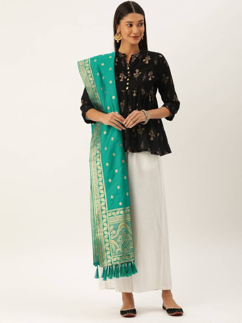 VASTRANAND Teal & Gold-Toned Woven Design Dupatta
