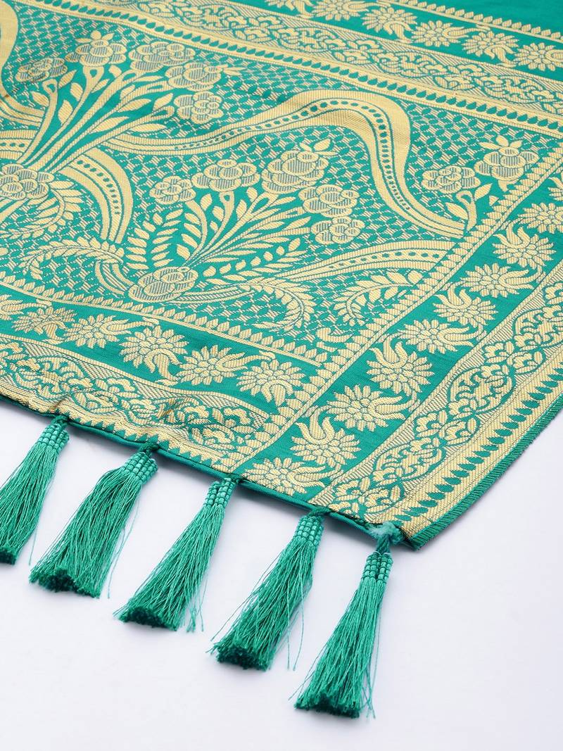 VASTRANAND Teal & Gold-Toned Woven Design Dupatta