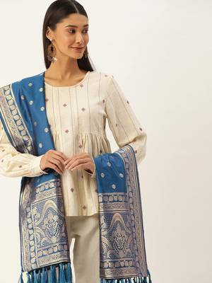 VASTRANAND Blue & Gold-Toned Woven Design Dupatta 1
