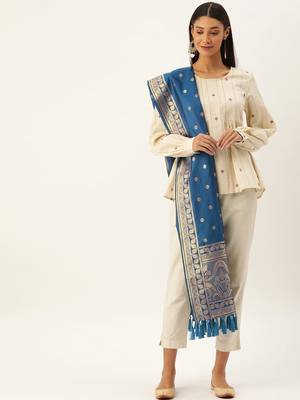 VASTRANAND Blue & Gold-Toned Woven Design Dupatta 2