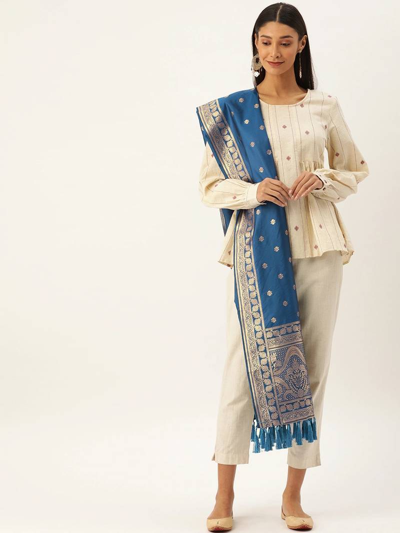 VASTRANAND Blue & Gold-Toned Woven Design Dupatta