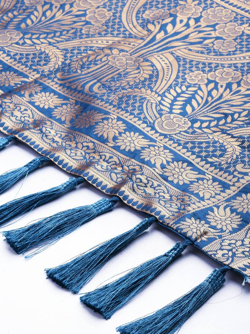 VASTRANAND Blue & Gold-Toned Woven Design Dupatta