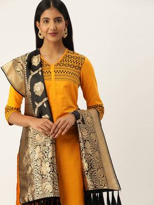 VASTRANAND Black & Gold-Toned Woven Design Dupatta 1