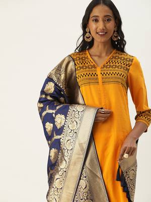 VASTRANAND Navy Blue & Gold-Toned Woven Design Dupatta 1