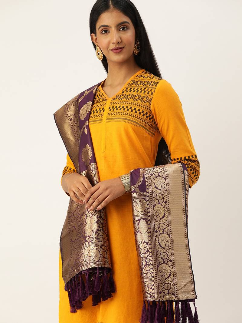VASTRANAND Navy Blue & Gold-Toned Woven Design Dupatta