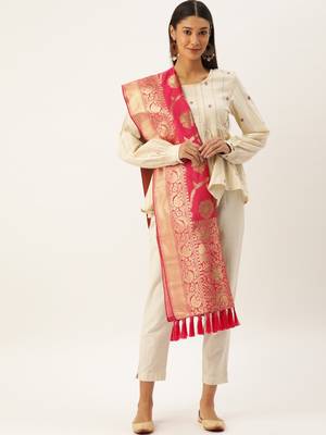 VASTRANAND Pink & Gold-Toned Woven Design Dupatta 2