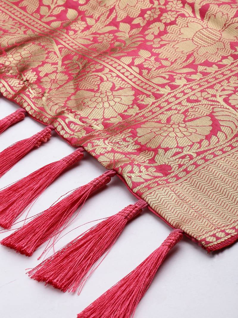 VASTRANAND Pink & Gold-Toned Woven Design Dupatta