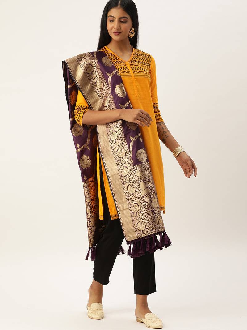 VASTRANAND Purple & Gold-Toned Woven Design Dupatta