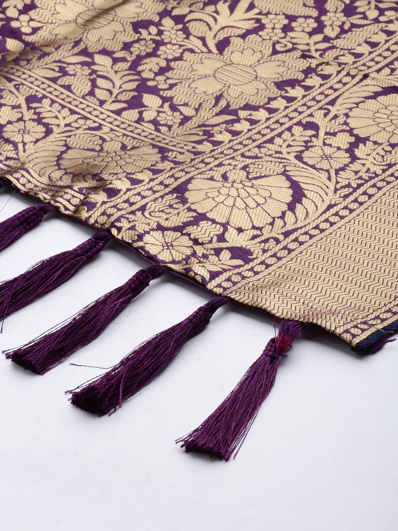 VASTRANAND Purple & Gold-Toned Woven Design Dupatta