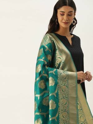 VASTRANAND Teal Green & Gold-Toned Woven Design Dupatta 1