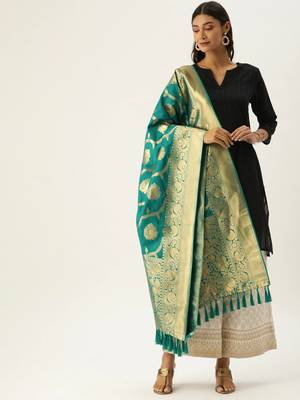 VASTRANAND Teal Green & Gold-Toned Woven Design Dupatta 2