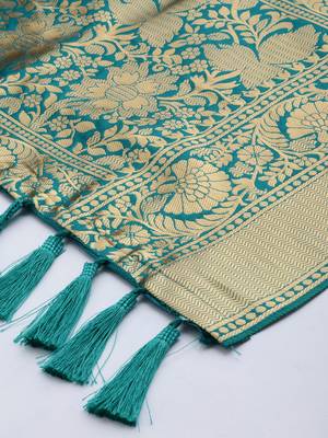 VASTRANAND Teal Green & Gold-Toned Woven Design Dupatta 3