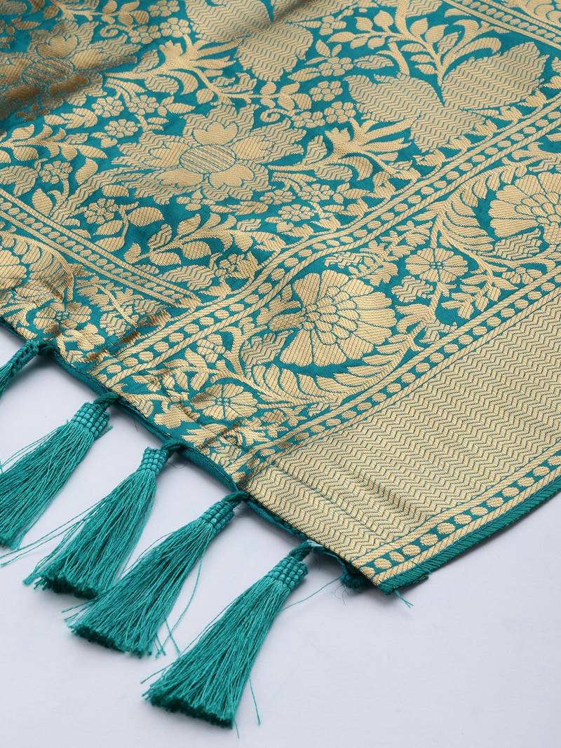 VASTRANAND Teal Green & Gold-Toned Woven Design Dupatta