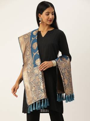 VASTRANAND Blue & Gold-Toned Woven Design Dupatta 1