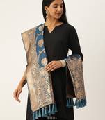 VASTRANAND Blue & Gold-Toned Woven Design Dupatta