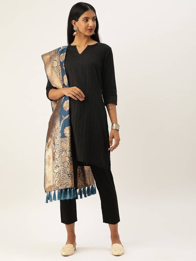 VASTRANAND Blue & Gold-Toned Woven Design Dupatta