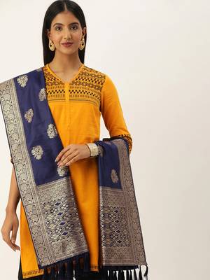 VASTRANAND Navy Blue & Gold-Toned Woven Design Dupatta 1