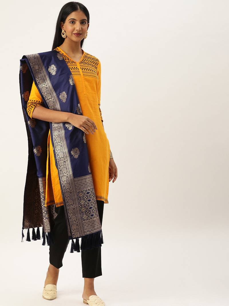 VASTRANAND Navy Blue & Gold-Toned Woven Design Dupatta