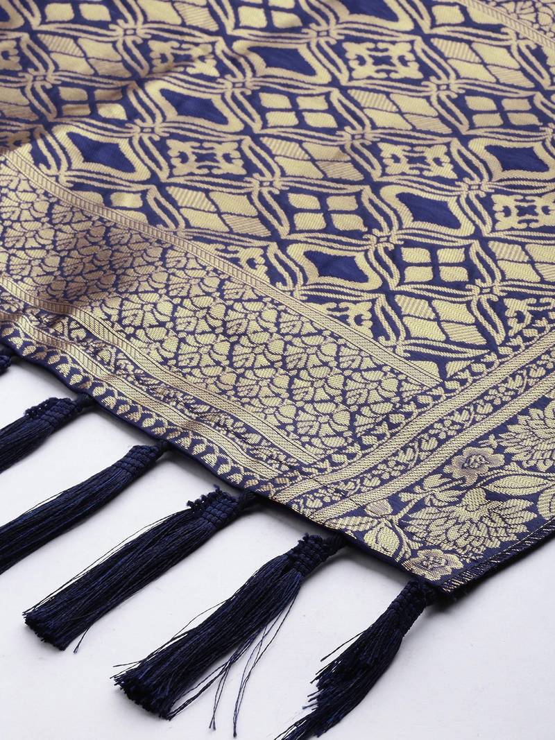 VASTRANAND Navy Blue & Gold-Toned Woven Design Dupatta
