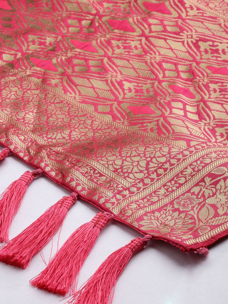 VASTRANAND Pink & Gold-Toned Woven Design Dupatta