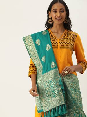 VASTRANAND Teal Green & Gold-Toned Woven Design Dupatta 1