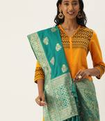 VASTRANAND Teal Green & Gold-Toned Woven Design Dupatta