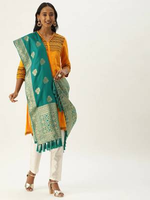 VASTRANAND Teal Green & Gold-Toned Woven Design Dupatta 2