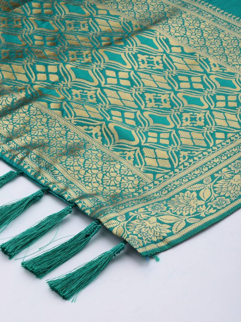 VASTRANAND Teal Green & Gold-Toned Woven Design Dupatta