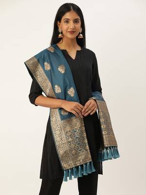 VASTRANAND Blue & Gold-Toned Woven Design Dupatta 1