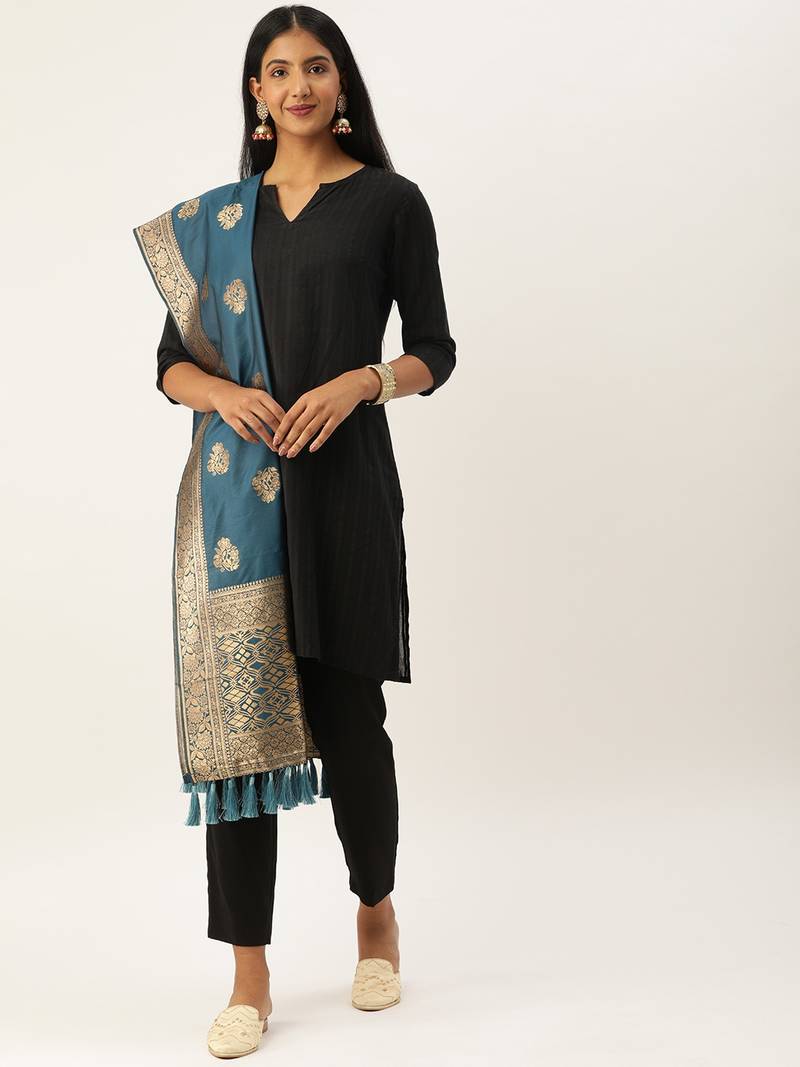 VASTRANAND Blue & Gold-Toned Woven Design Dupatta