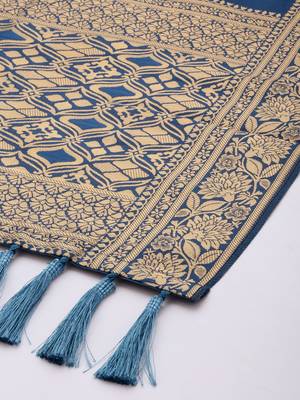 VASTRANAND Blue & Gold-Toned Woven Design Dupatta 3