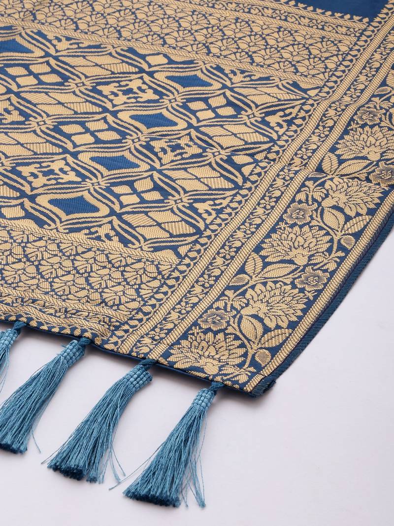 VASTRANAND Blue & Gold-Toned Woven Design Dupatta