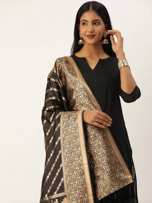 VASTRANAND Black & Gold-Toned Woven Design Dupatta 1