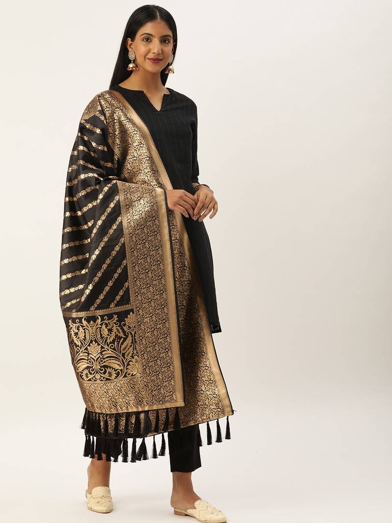 VASTRANAND Black & Gold-Toned Woven Design Dupatta