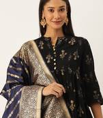 VASTRANAND Navy Blue & Gold-Toned Woven Design Dupatta