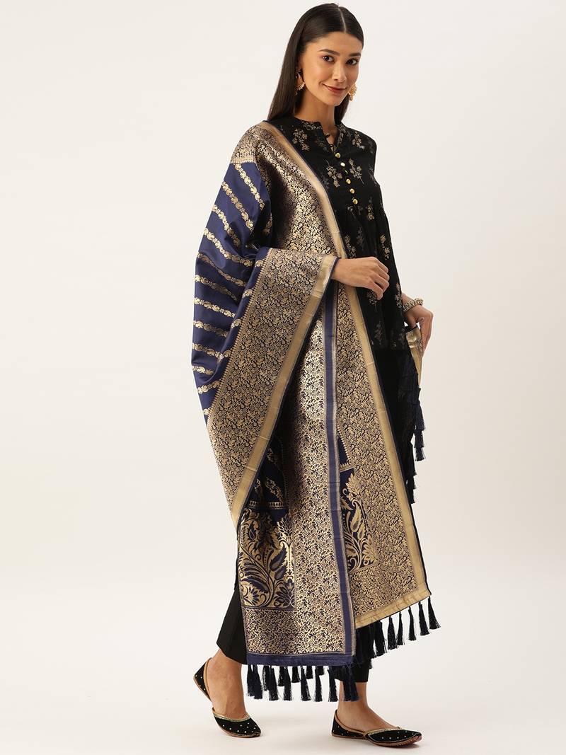VASTRANAND Navy Blue & Gold-Toned Woven Design Dupatta