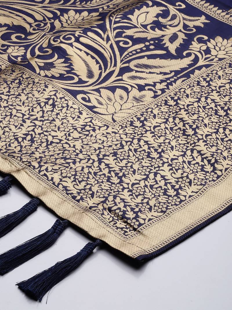 VASTRANAND Navy Blue & Gold-Toned Woven Design Dupatta